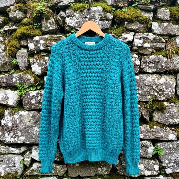 Quill’s Woollen Market Vintage 80s Irish Handknit Teal Wool Sweater | 44 (L/XL) - Picture 1 of 11